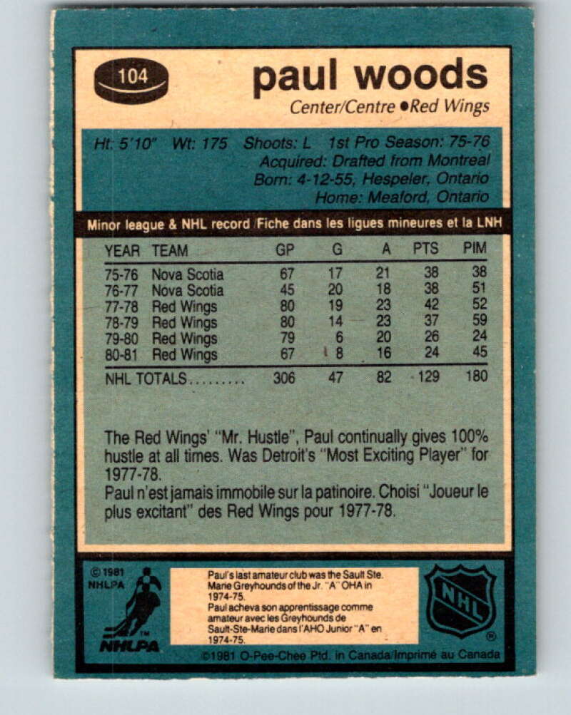 1981-82 O-Pee-Chee #104 Paul Woods Detroit Red Wings V30208