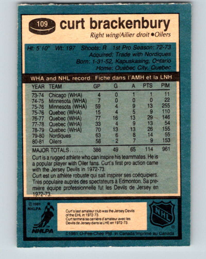 1981-82 O-Pee-Chee #109 Curt Brackenbury Edmonton Oilers V30217