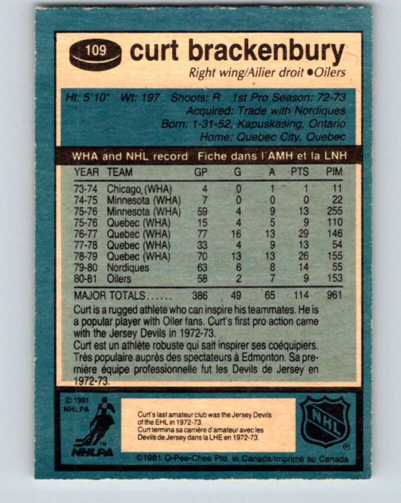 1981-82 O-Pee-Chee #109 Curt Brackenbury Edmonton Oilers V30218