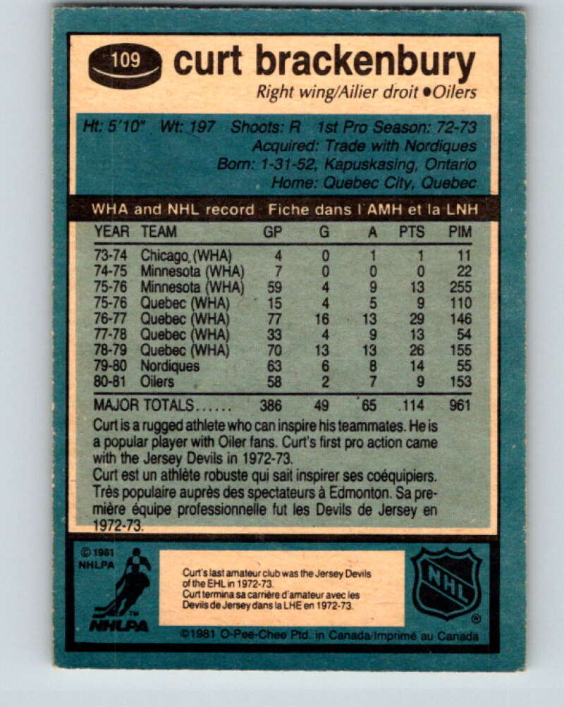 1981-82 O-Pee-Chee #109 Curt Brackenbury Edmonton Oilers V30221
