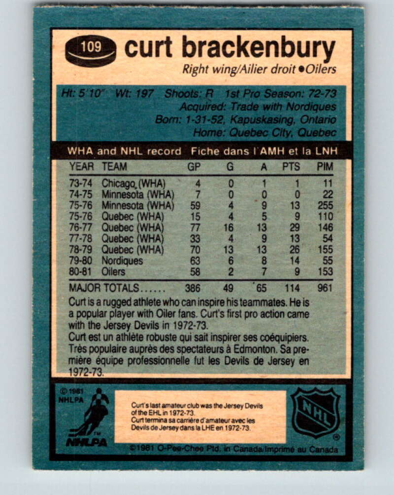 1981-82 O-Pee-Chee #109 Curt Brackenbury Edmonton Oilers V30222