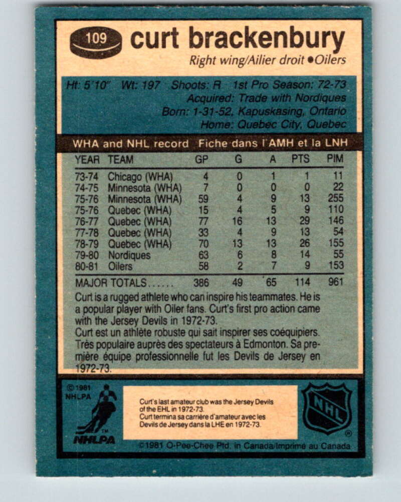 1981-82 O-Pee-Chee #109 Curt Brackenbury Edmonton Oilers V30223