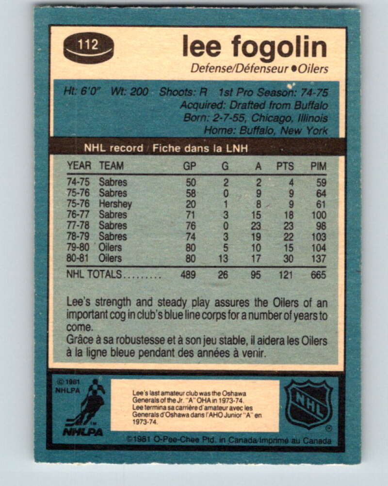 1981-82 O-Pee-Chee #112 Lee Fogolin Edmonton Oilers V30233