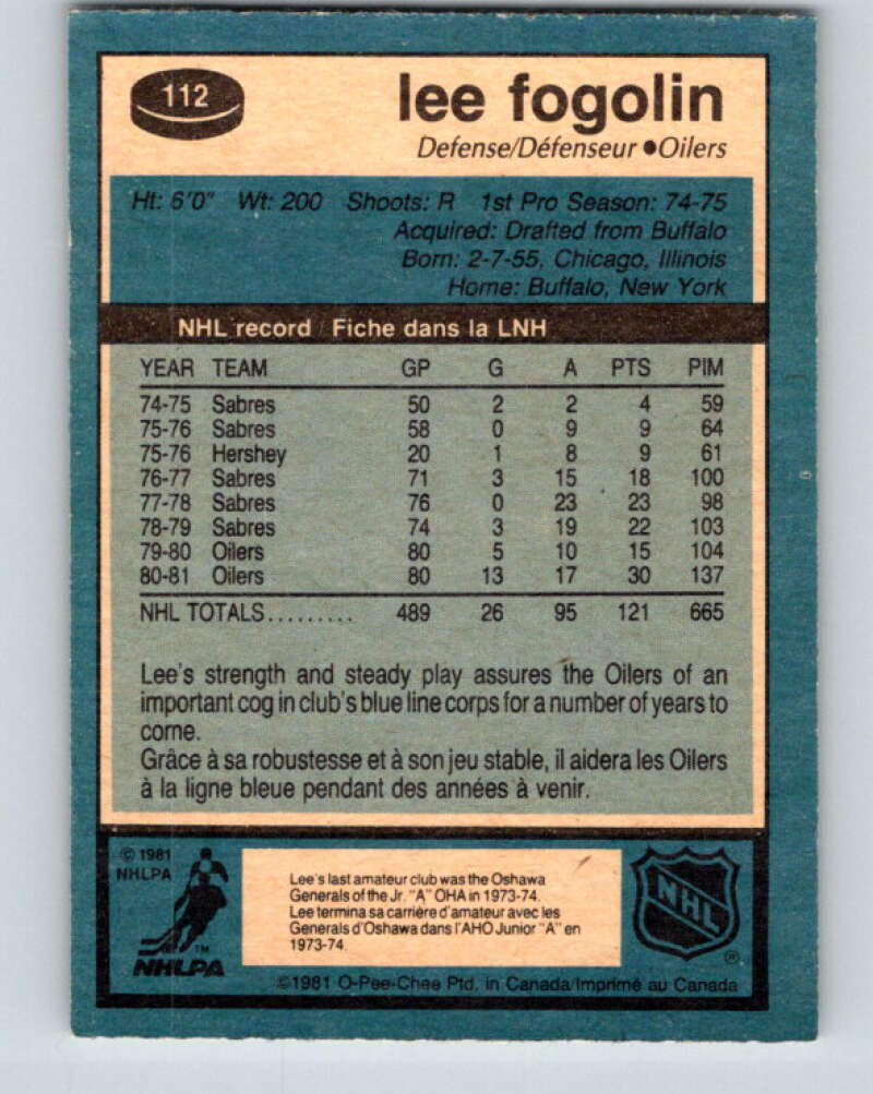 1981-82 O-Pee-Chee #112 Lee Fogolin Edmonton Oilers V30234