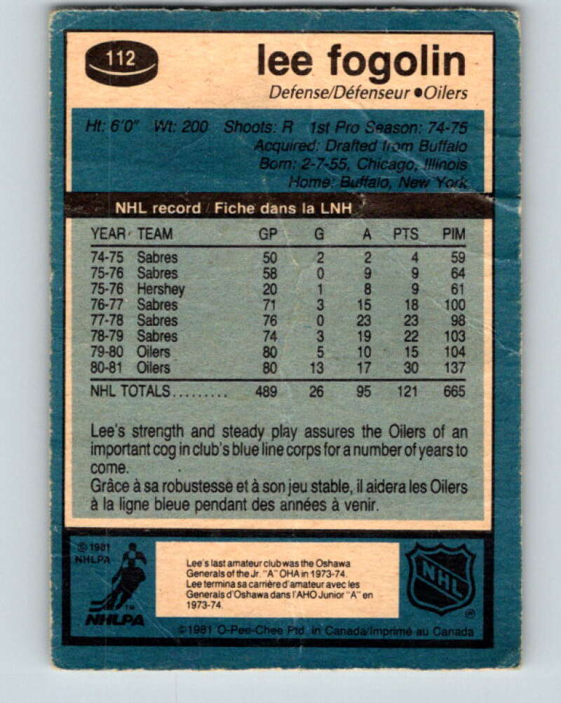 1981-82 O-Pee-Chee #112 Lee Fogolin Edmonton Oilers V30235