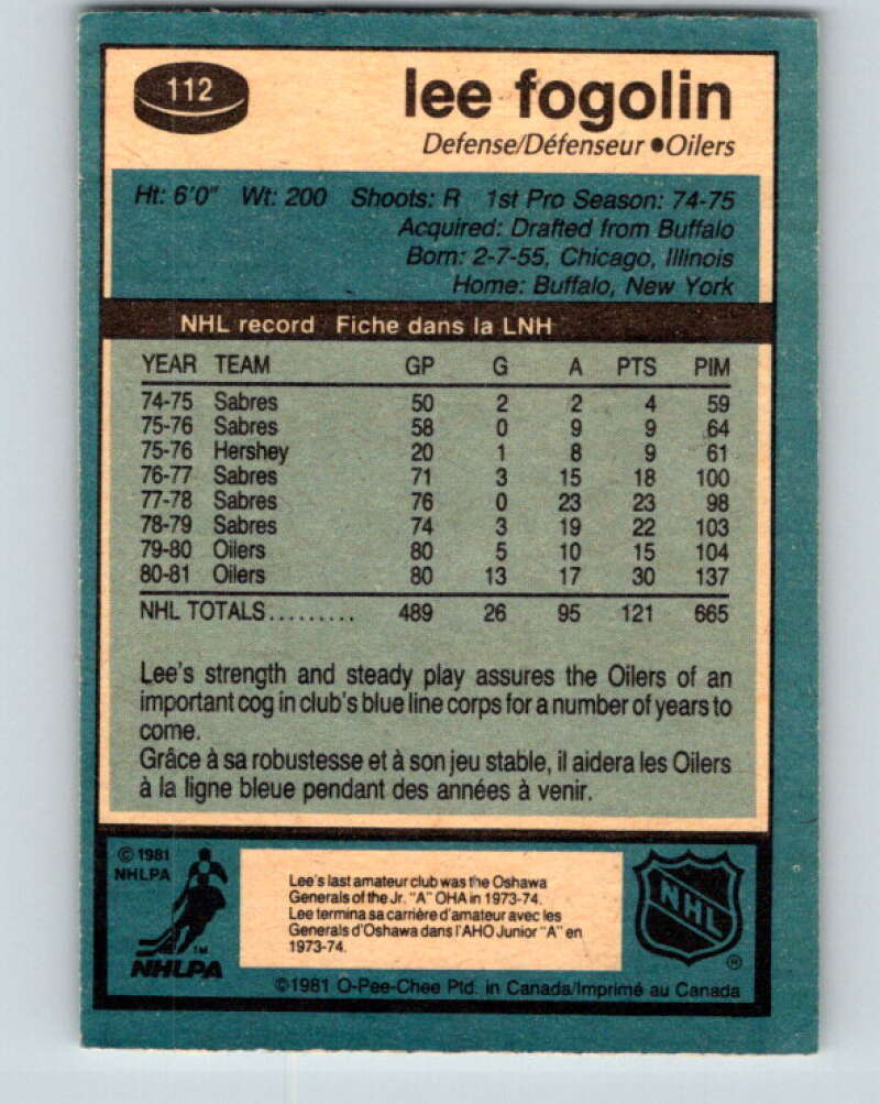 1981-82 O-Pee-Chee #112 Lee Fogolin Edmonton Oilers V30236