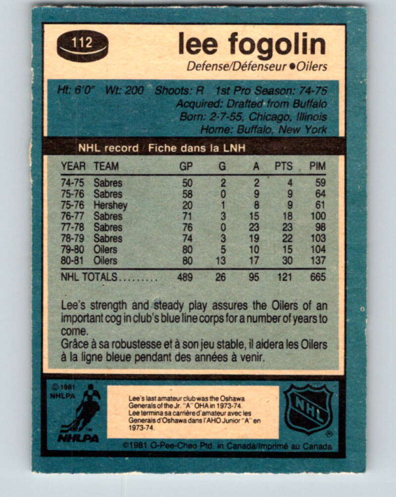 1981-82 O-Pee-Chee #112 Lee Fogolin Edmonton Oilers V30237