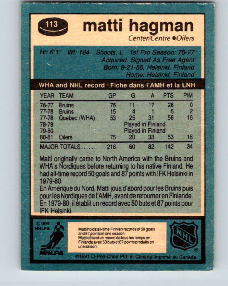 1981-82 O-Pee-Chee #113 Matti Hagman RC Rookie Edmonton Oilers V30238