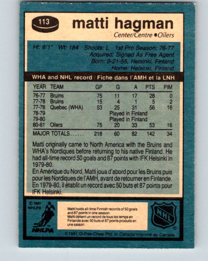 1981-82 O-Pee-Chee #113 Matti Hagman RC Rookie Edmonton Oilers V30239