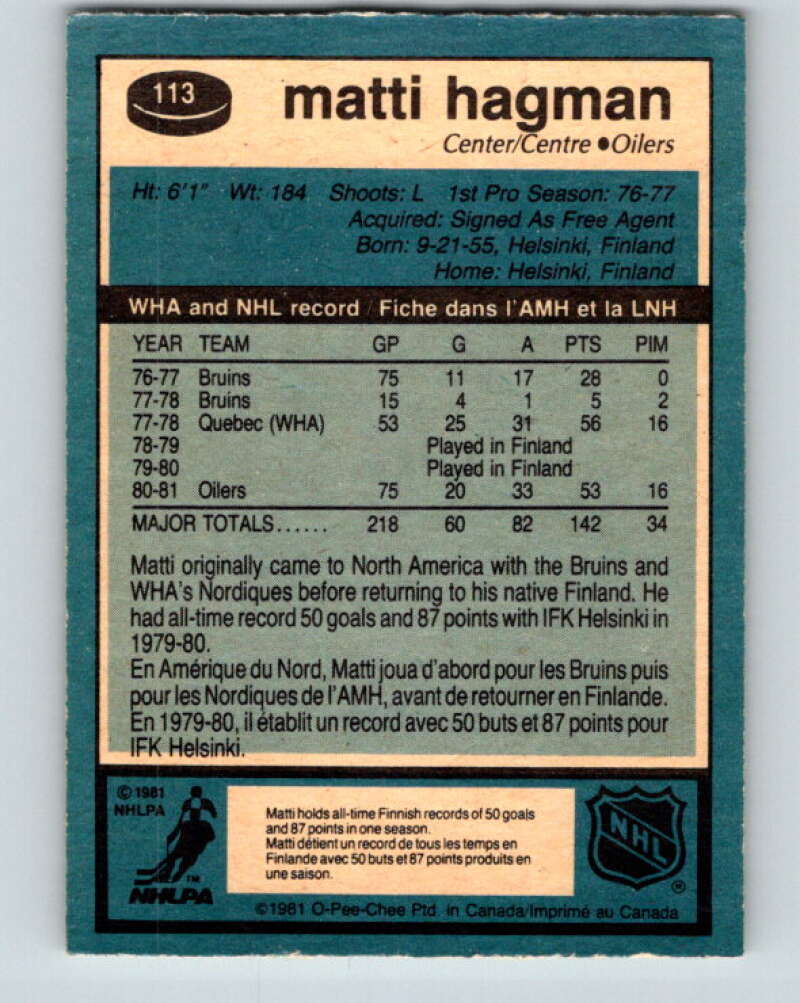 1981-82 O-Pee-Chee #113 Matti Hagman RC Rookie Edmonton Oilers V30240