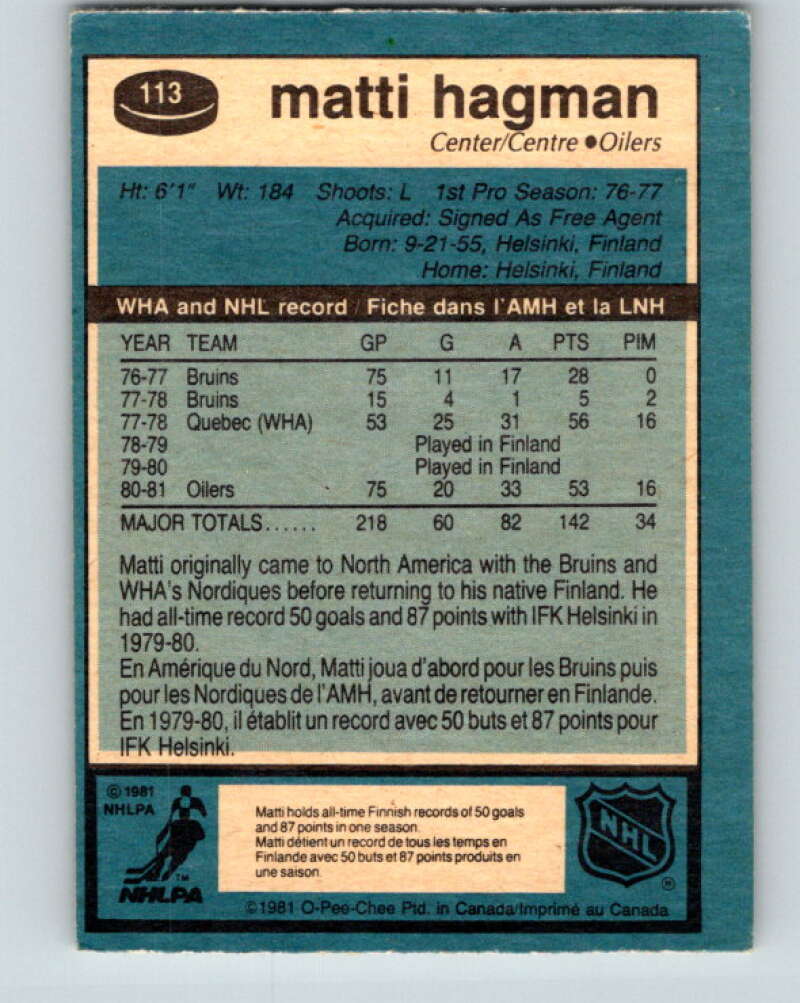 1981-82 O-Pee-Chee #113 Matti Hagman RC Rookie Edmonton Oilers V30241