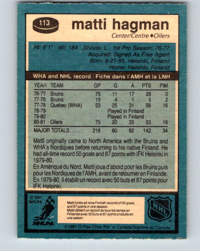 1981-82 O-Pee-Chee #113 Matti Hagman RC Rookie Edmonton Oilers V30242