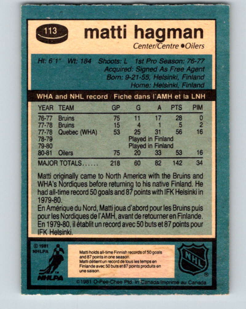 1981-82 O-Pee-Chee #113 Matti Hagman RC Rookie Edmonton Oilers V30243