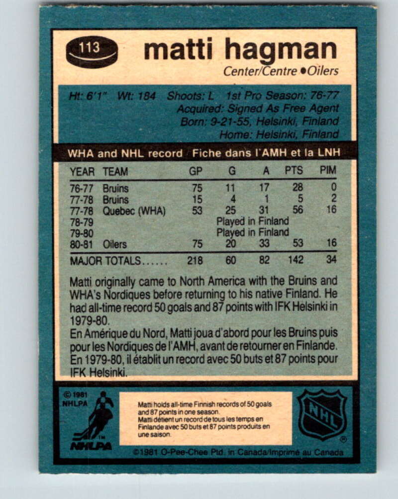1981-82 O-Pee-Chee #113 Matti Hagman RC Rookie Edmonton Oilers V30244
