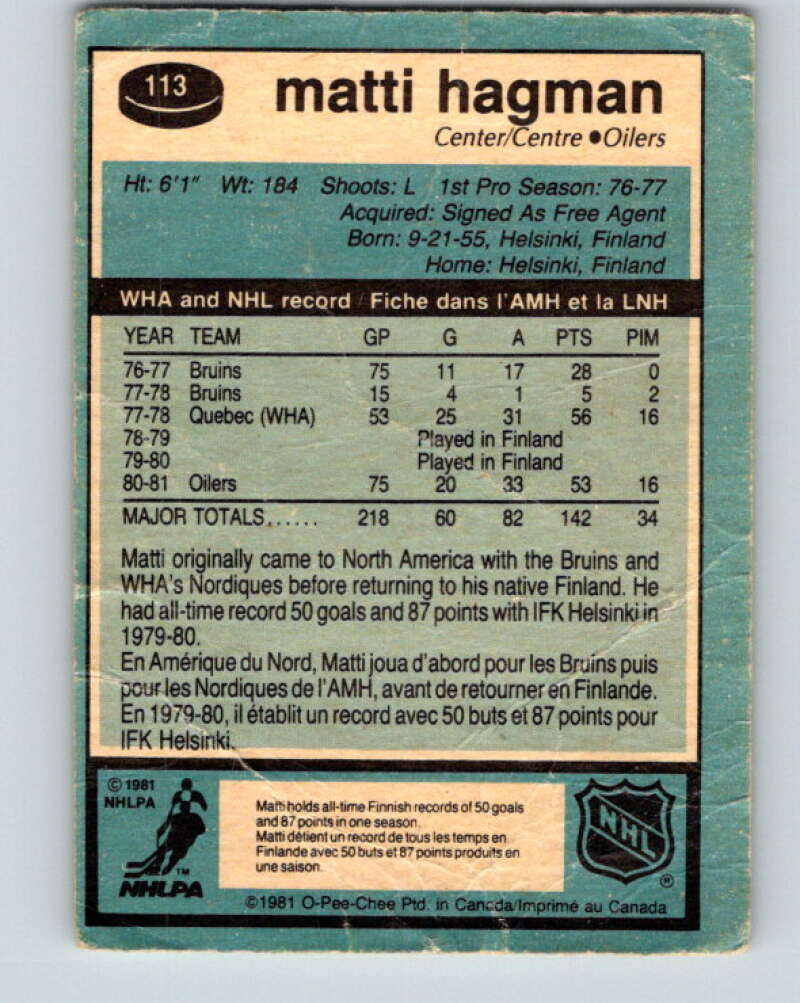 1981-82 O-Pee-Chee #113 Matti Hagman RC Rookie Edmonton Oilers V30245