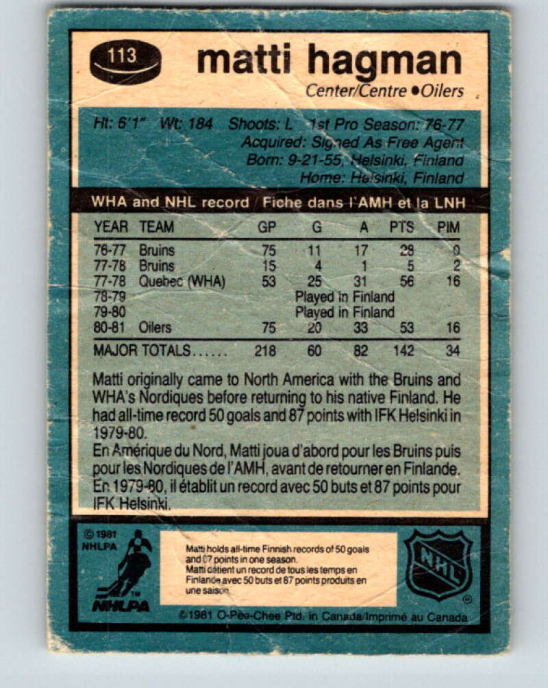 1981-82 O-Pee-Chee #113 Matti Hagman RC Rookie Edmonton Oilers V30246