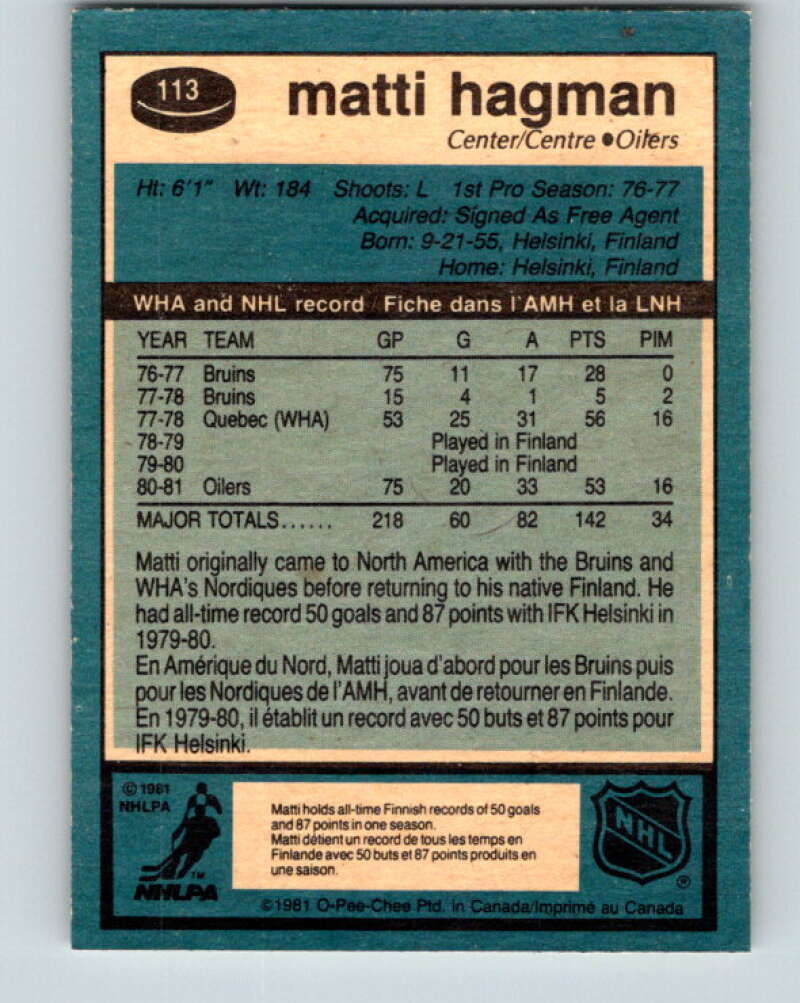 1981-82 O-Pee-Chee #113 Matti Hagman RC Rookie Edmonton Oilers V30247