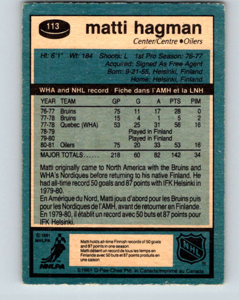 1981-82 O-Pee-Chee #113 Matti Hagman RC Rookie Edmonton Oilers V30248