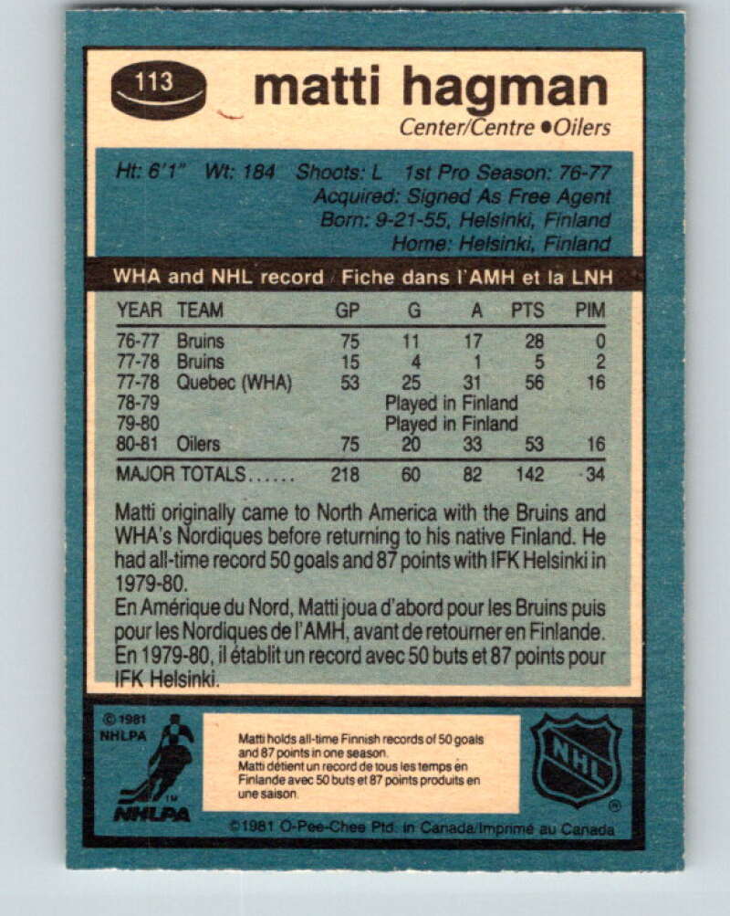 1981-82 O-Pee-Chee #113 Matti Hagman RC Rookie Edmonton Oilers V30250