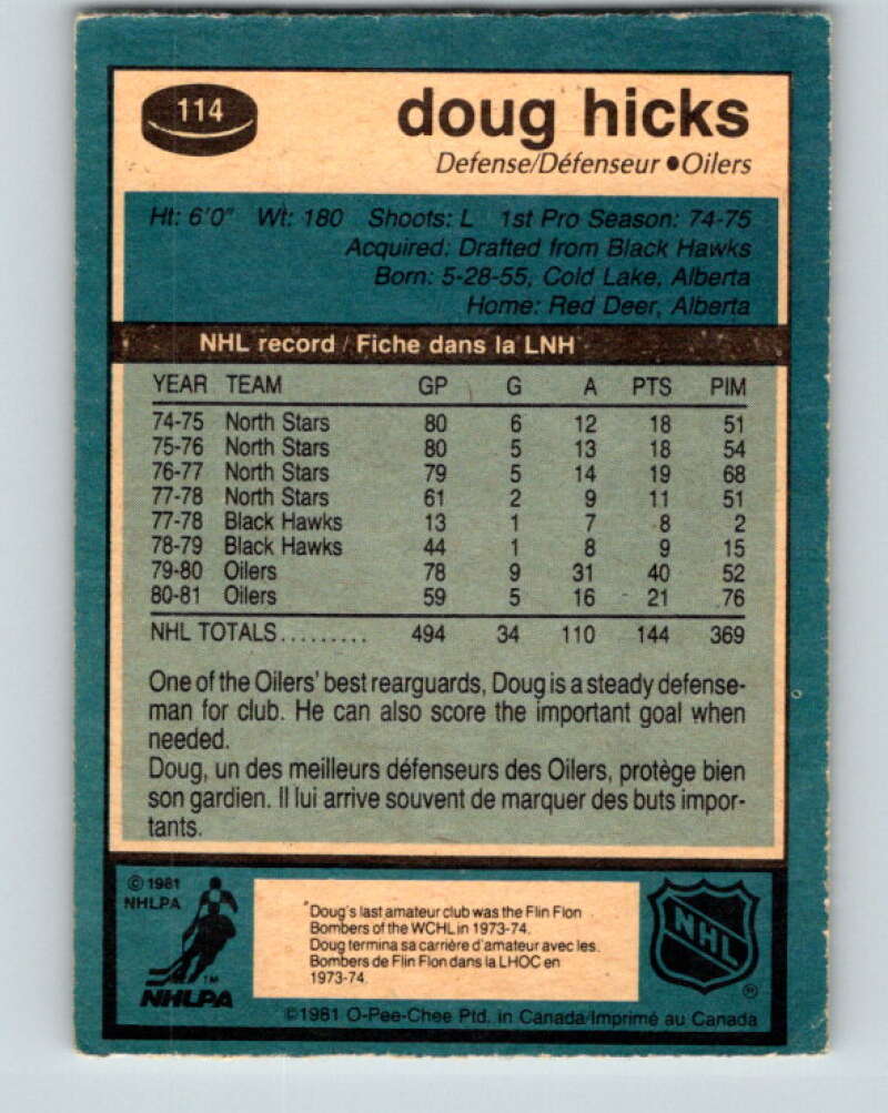 1981-82 O-Pee-Chee #114 Doug Hicks Edmonton Oilers V30252