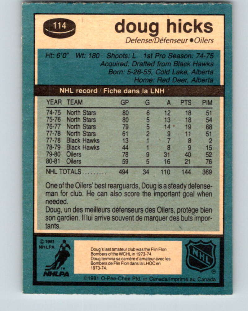 1981-82 O-Pee-Chee #114 Doug Hicks Edmonton Oilers V30255