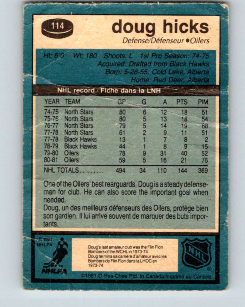 1981-82 O-Pee-Chee #114 Doug Hicks Edmonton Oilers V30256