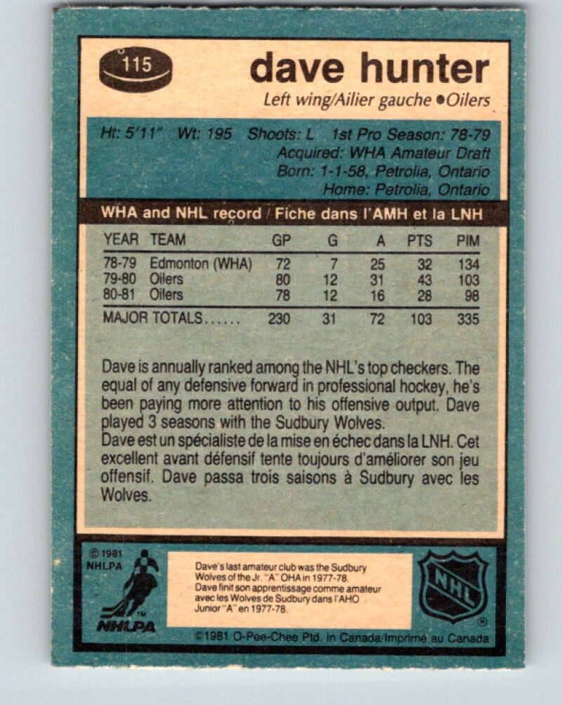 1981-82 O-Pee-Chee #115 Dave Hunter Edmonton Oilers V30262
