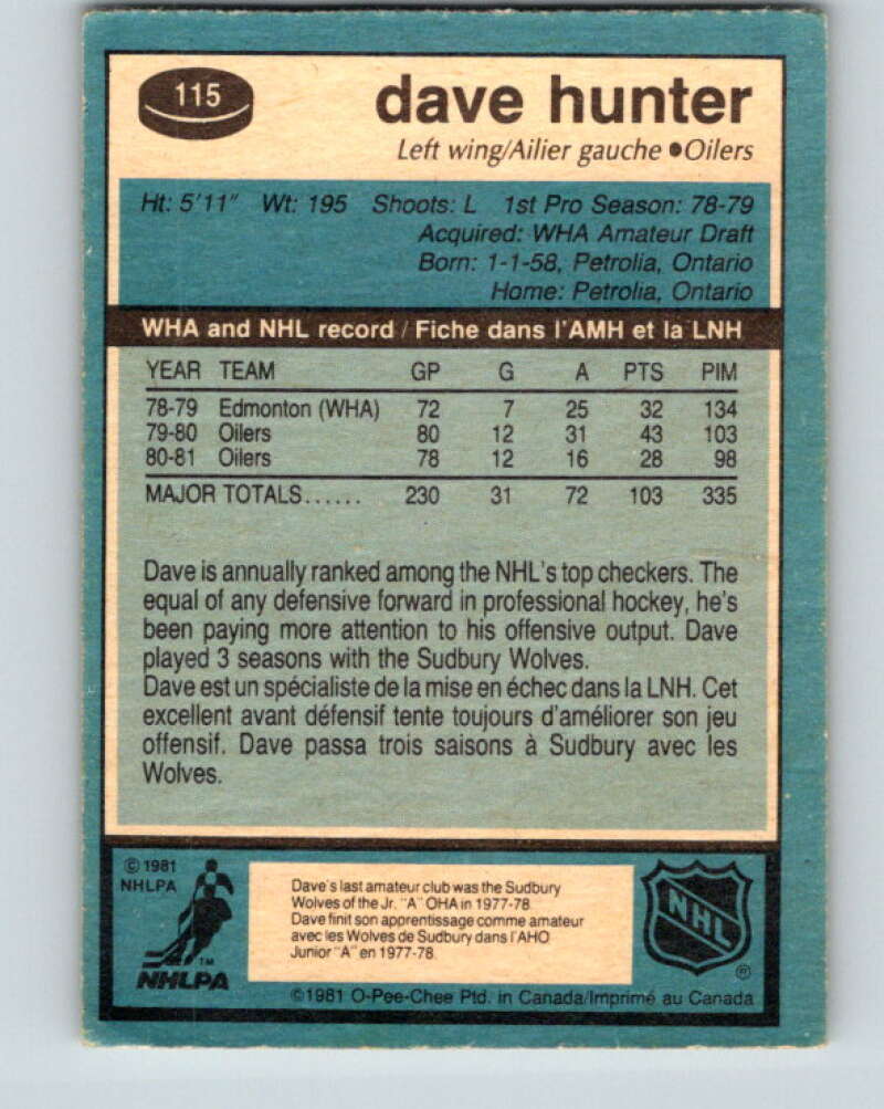 1981-82 O-Pee-Chee #115 Dave Hunter Edmonton Oilers V30263