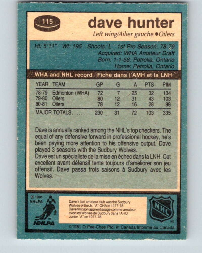 1981-82 O-Pee-Chee #115 Dave Hunter Edmonton Oilers V30266