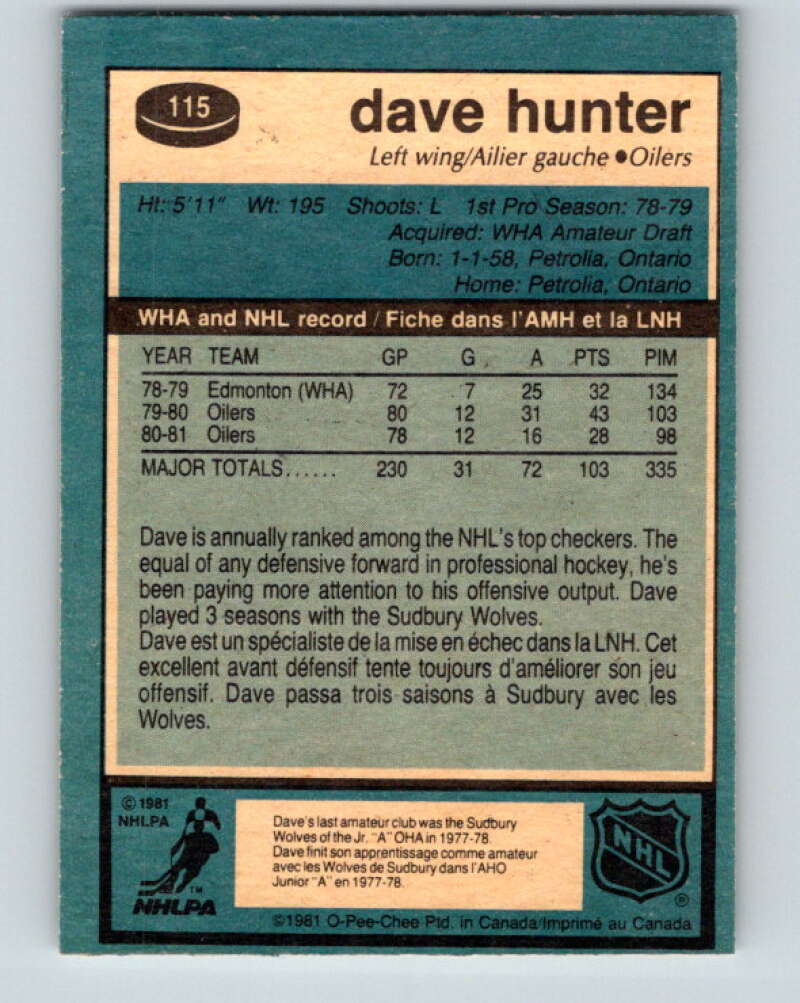 1981-82 O-Pee-Chee #115 Dave Hunter Edmonton Oilers V30267