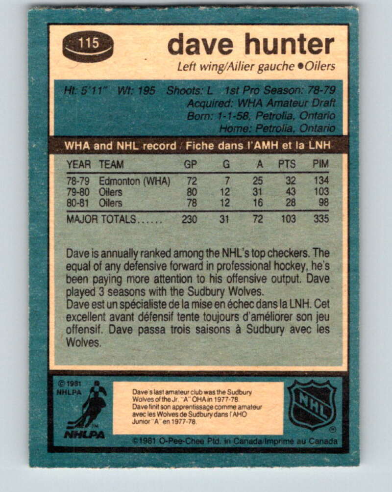 1981-82 O-Pee-Chee #115 Dave Hunter Edmonton Oilers V30270