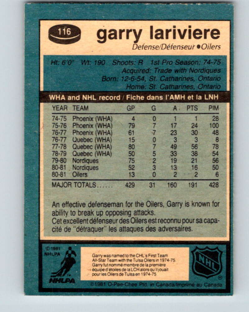 1981-82 O-Pee-Chee #116 Garry Lariviere Edmonton Oilers V30272