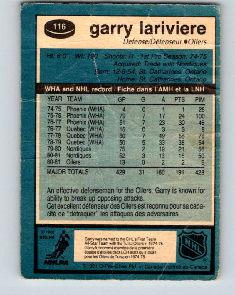 1981-82 O-Pee-Chee #116 Garry Lariviere Edmonton Oilers V30273