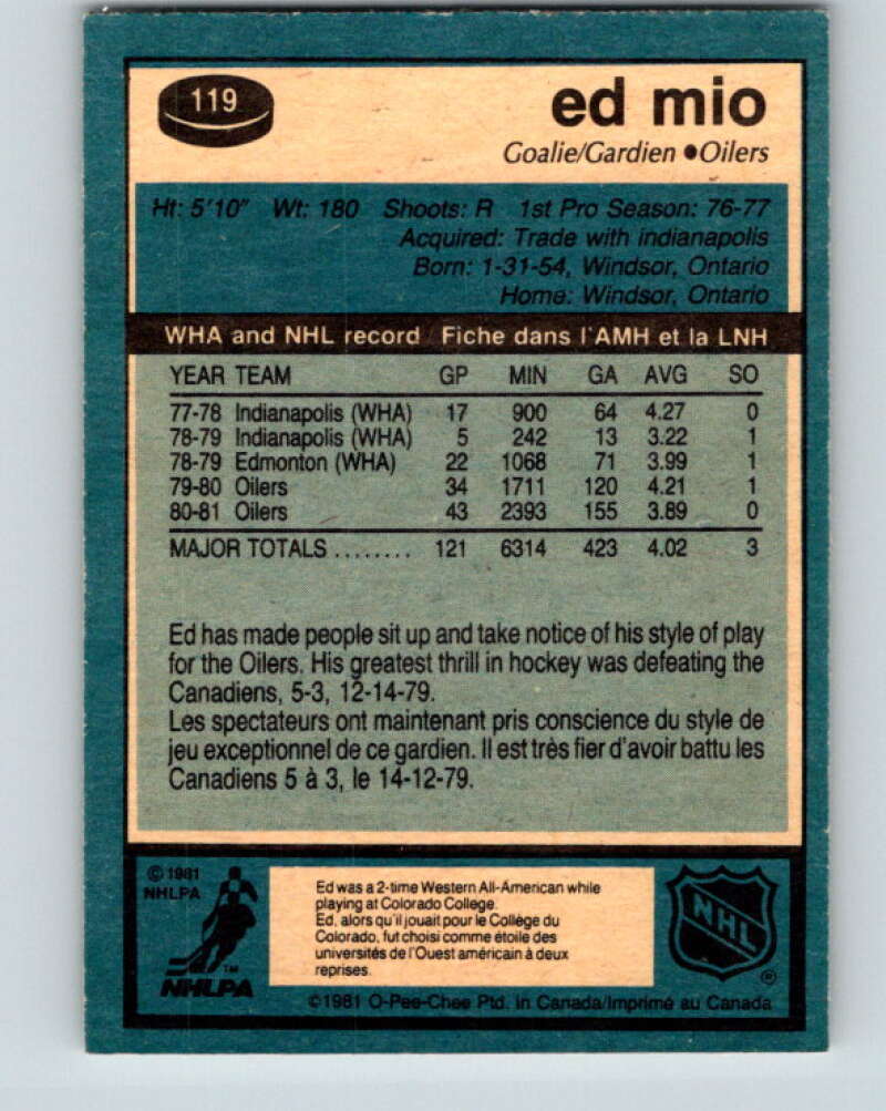 1981-82 O-Pee-Chee #119 Eddie Mio Edmonton Oilers V30276