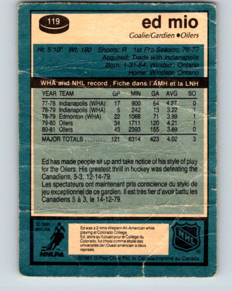 1981-82 O-Pee-Chee #119 Eddie Mio Edmonton Oilers V30277