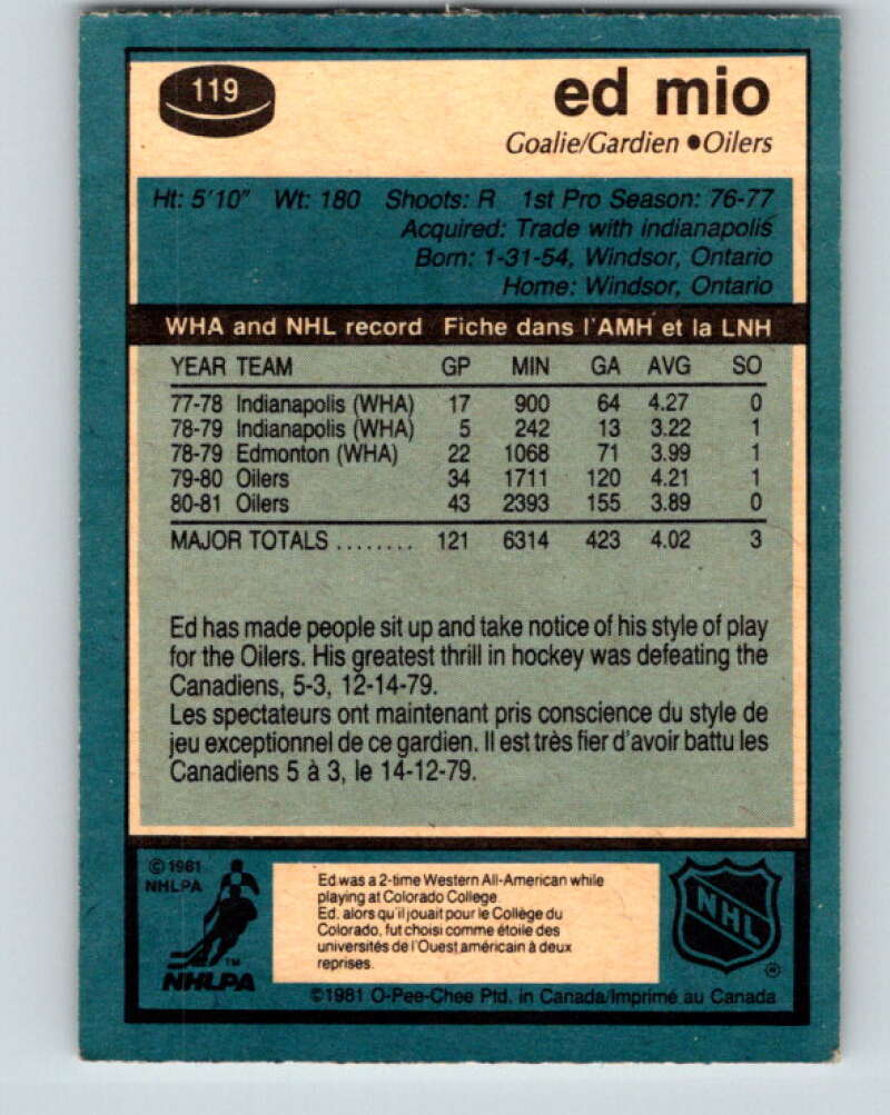 1981-82 O-Pee-Chee #119 Eddie Mio Edmonton Oilers V30279