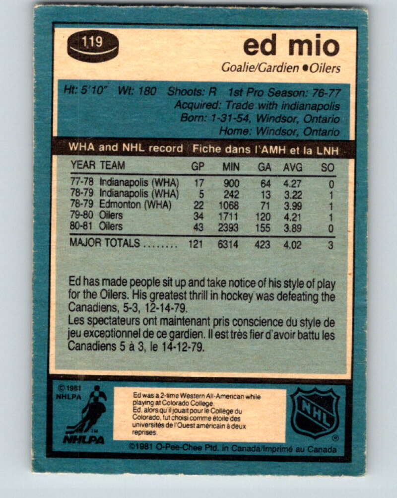 1981-82 O-Pee-Chee #119 Eddie Mio Edmonton Oilers V30280