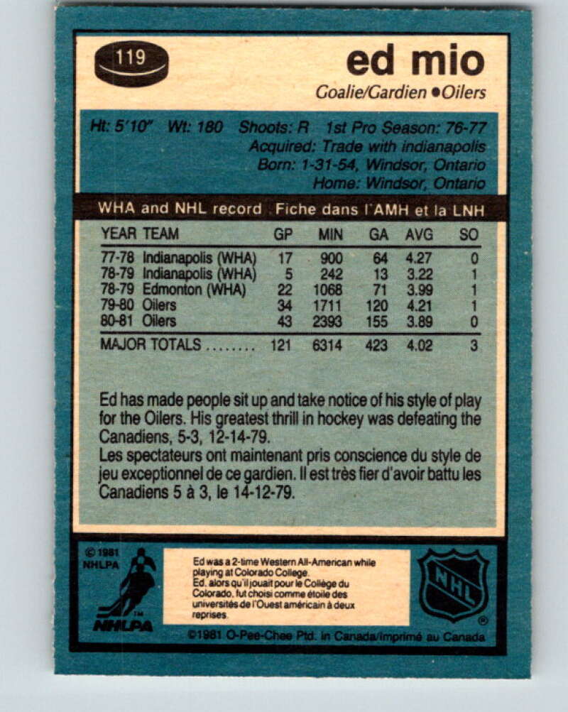 1981-82 O-Pee-Chee #119 Eddie Mio Edmonton Oilers V30281