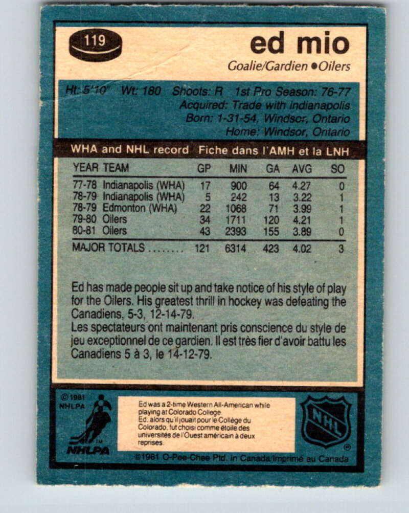 1981-82 O-Pee-Chee #119 Eddie Mio Edmonton Oilers V30282