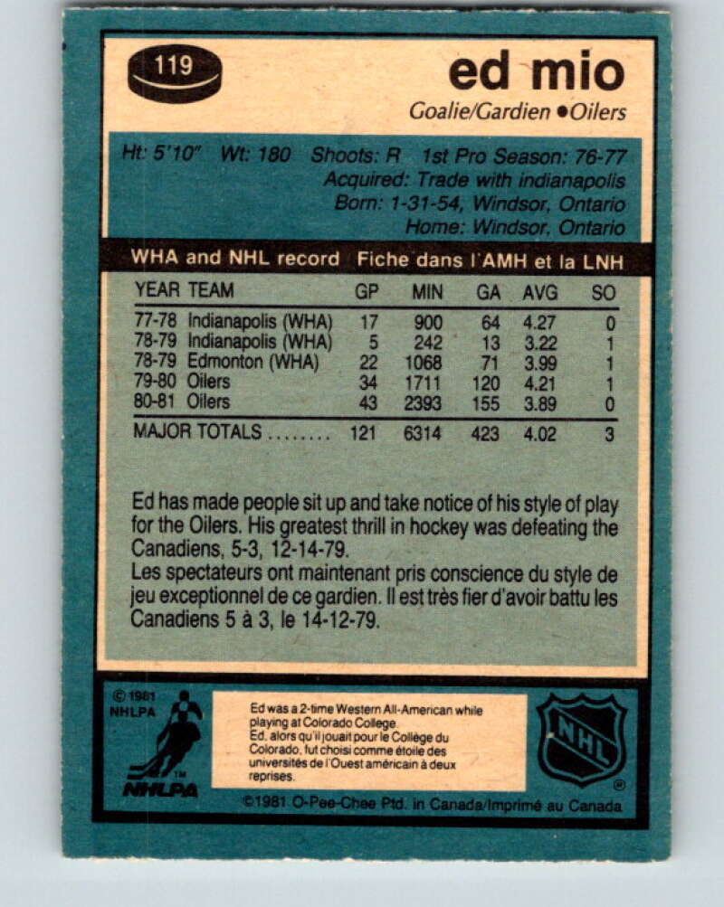 1981-82 O-Pee-Chee #119 Eddie Mio Edmonton Oilers V30283