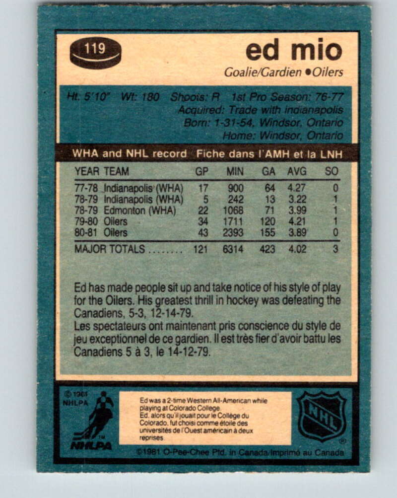 1981-82 O-Pee-Chee #119 Eddie Mio Edmonton Oilers V30284