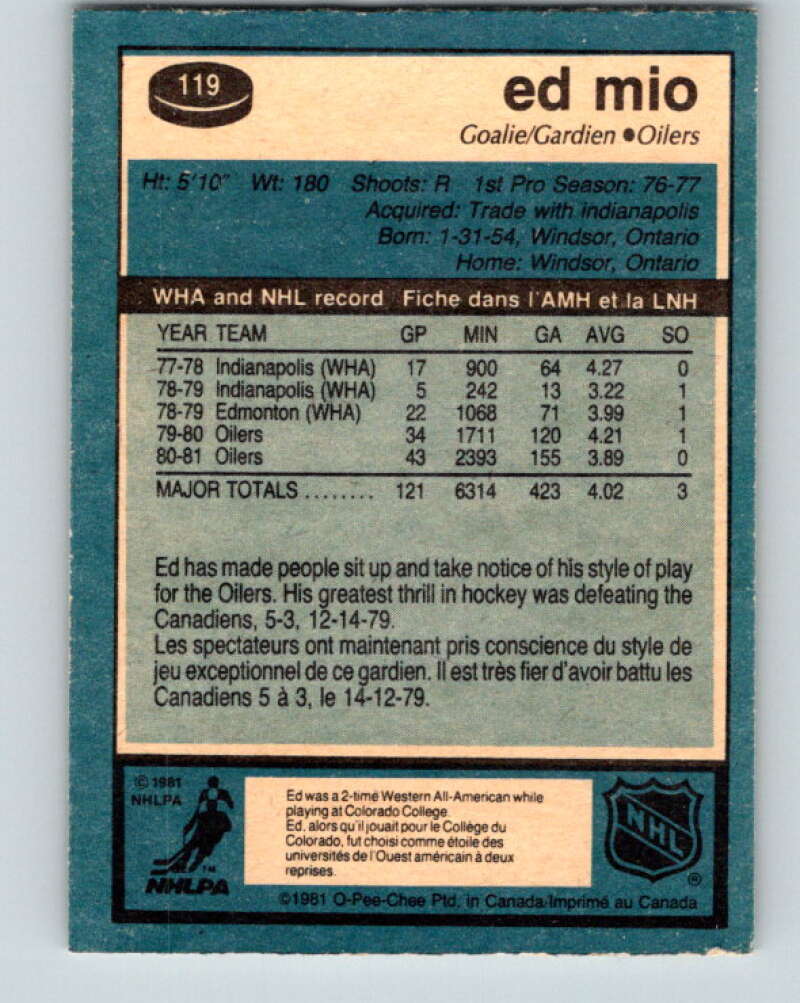 1981-82 O-Pee-Chee #119 Eddie Mio Edmonton Oilers V30285