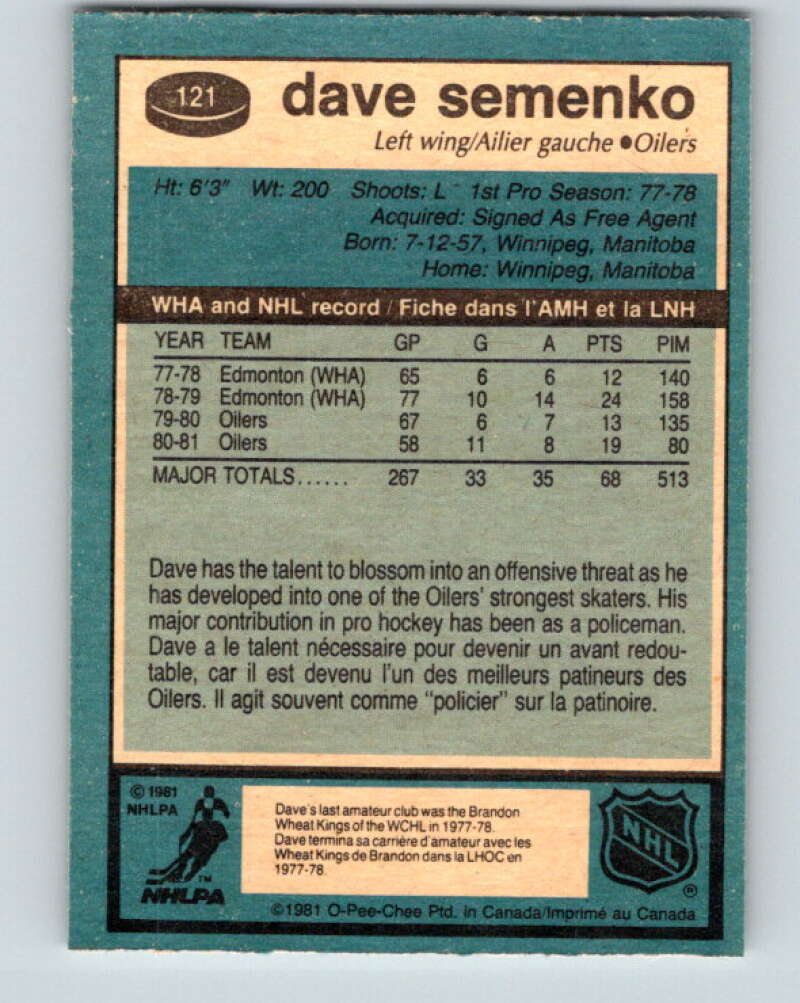 1981-82 O-Pee-Chee #121 Dave Semenko Edmonton Oilers V30287