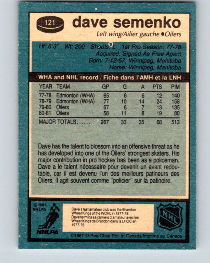 1981-82 O-Pee-Chee #121 Dave Semenko Edmonton Oilers V30288