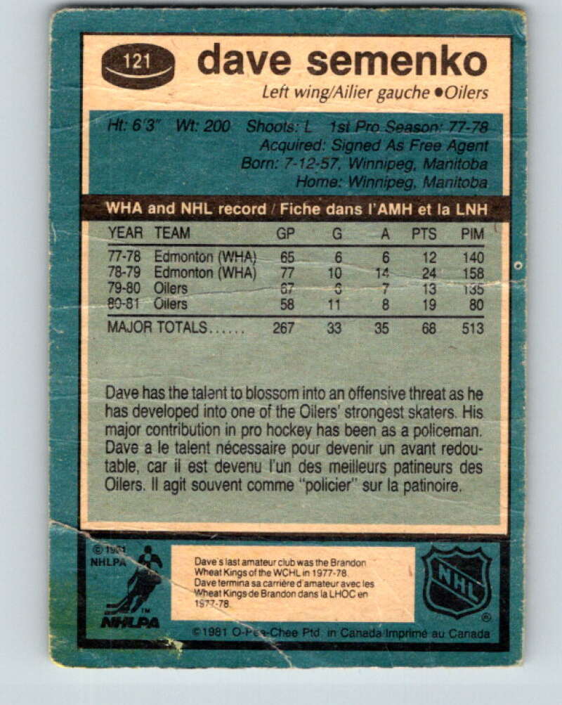 1981-82 O-Pee-Chee #121 Dave Semenko Edmonton Oilers V30289