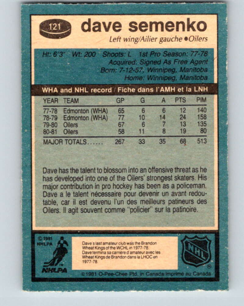 1981-82 O-Pee-Chee #121 Dave Semenko Edmonton Oilers V30290