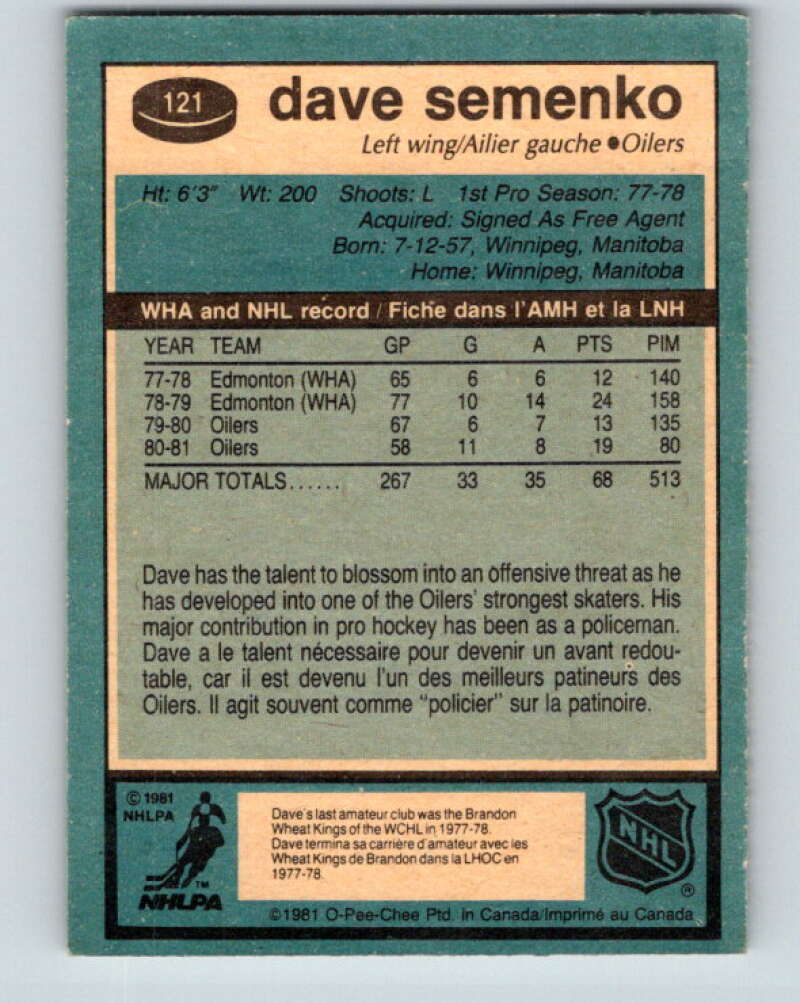 1981-82 O-Pee-Chee #121 Dave Semenko Edmonton Oilers V30292