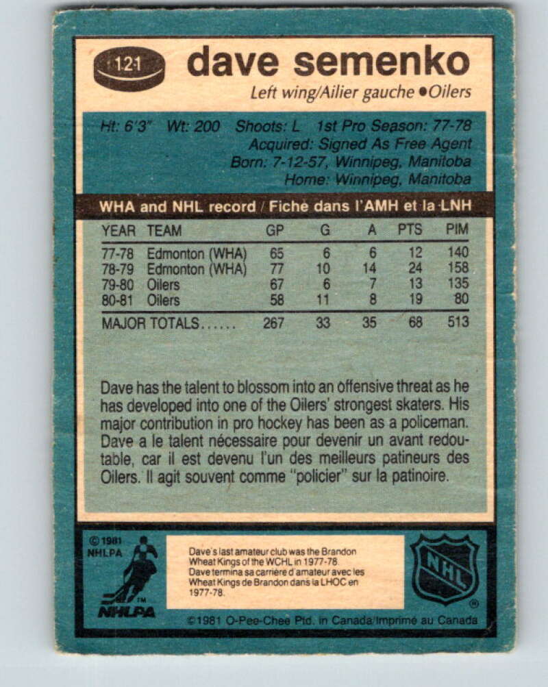 1981-82 O-Pee-Chee #121 Dave Semenko Edmonton Oilers V30294