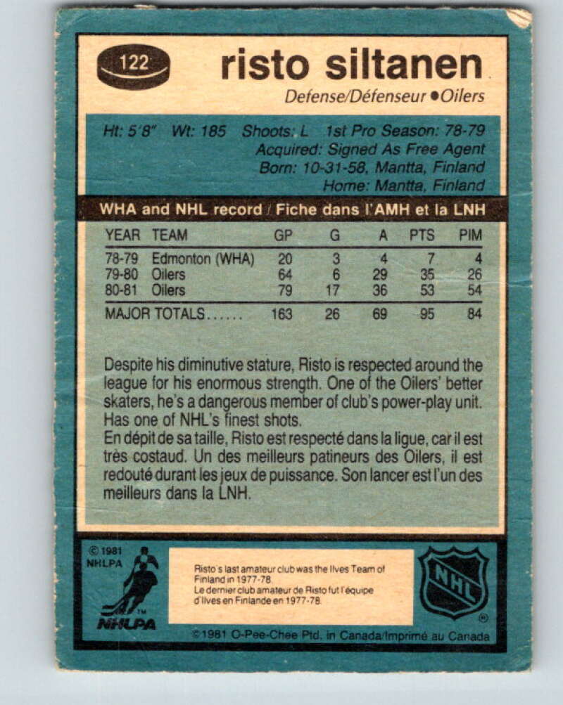 1981-82 O-Pee-Chee #122 Risto Siltanen Edmonton Oilers V30296