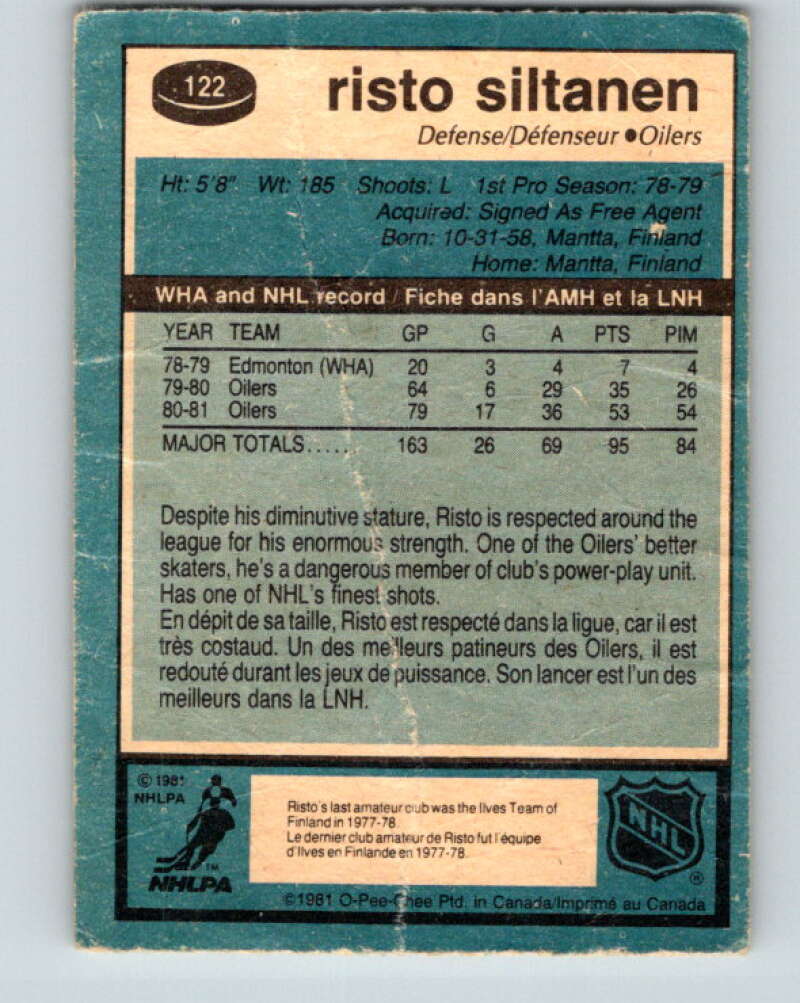 1981-82 O-Pee-Chee #122 Risto Siltanen Edmonton Oilers V30298